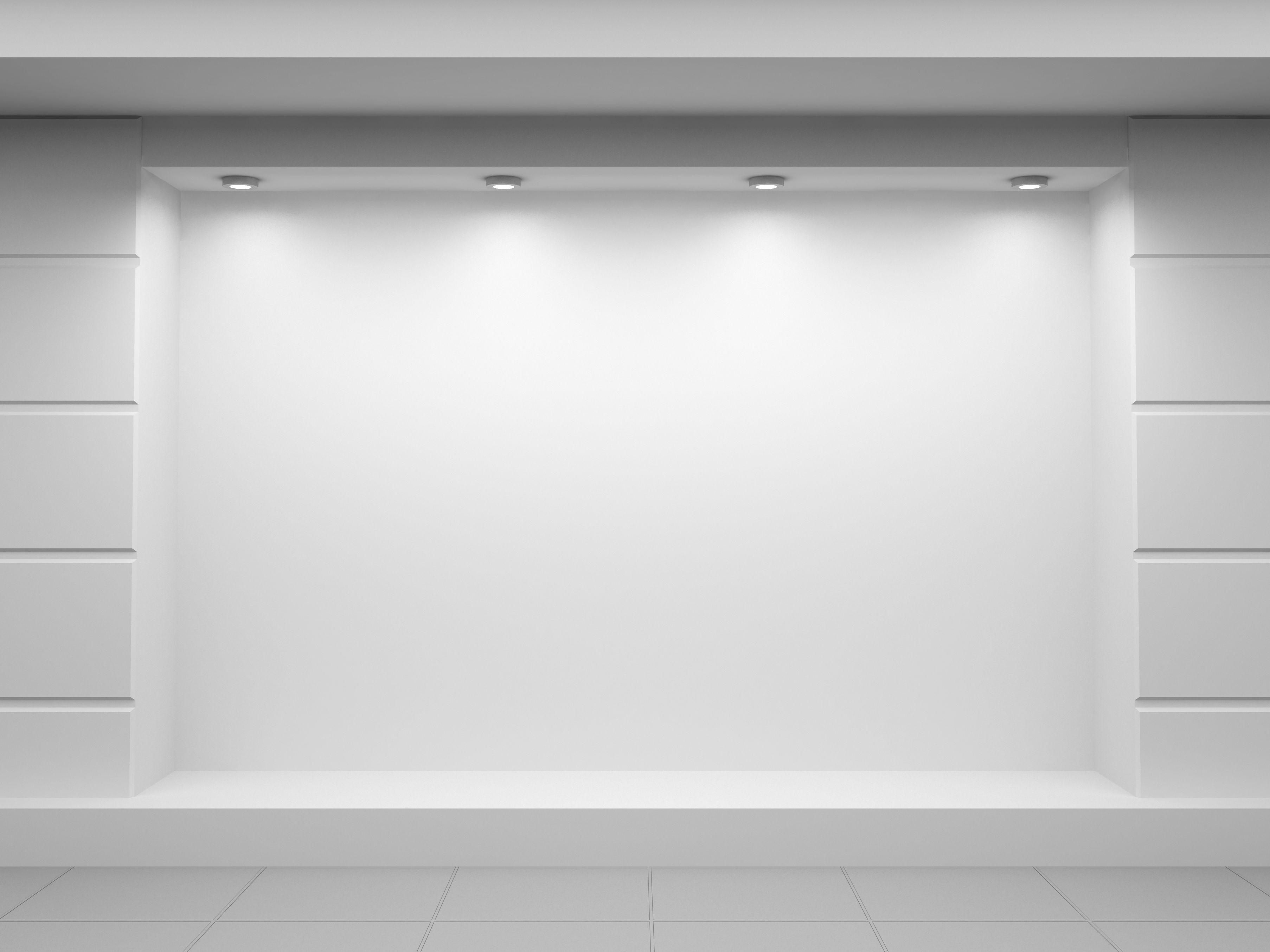 Пустая витрина. Пустая витрина магазина. Белая стена с подсветкой. Подсветка пустой стены.